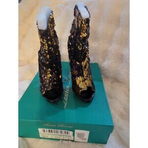 Lauren Lorraine Marlow Black Gold Sequin High Heel Open Toe Boot Size 6 NIB